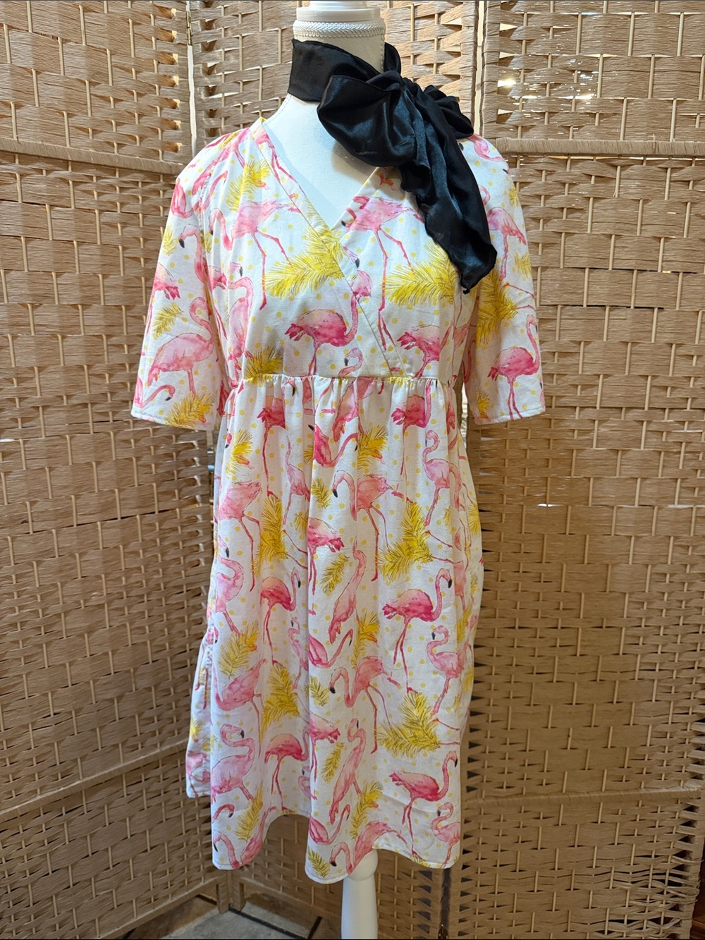 Hand Crafted Pink & Yellow Flamingo Print V-Neck Midi Dress